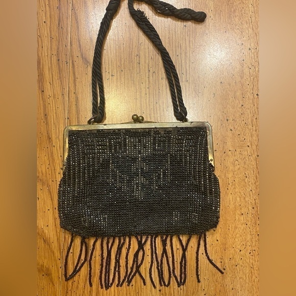Vintage black and silver beaded  purse/ clutch with cord strap